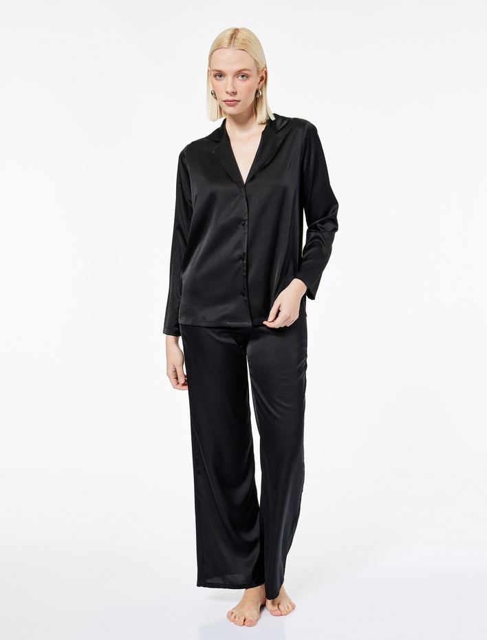  Düğmeli Uzun Kollu Gömlek Yaka Pijama Üstü