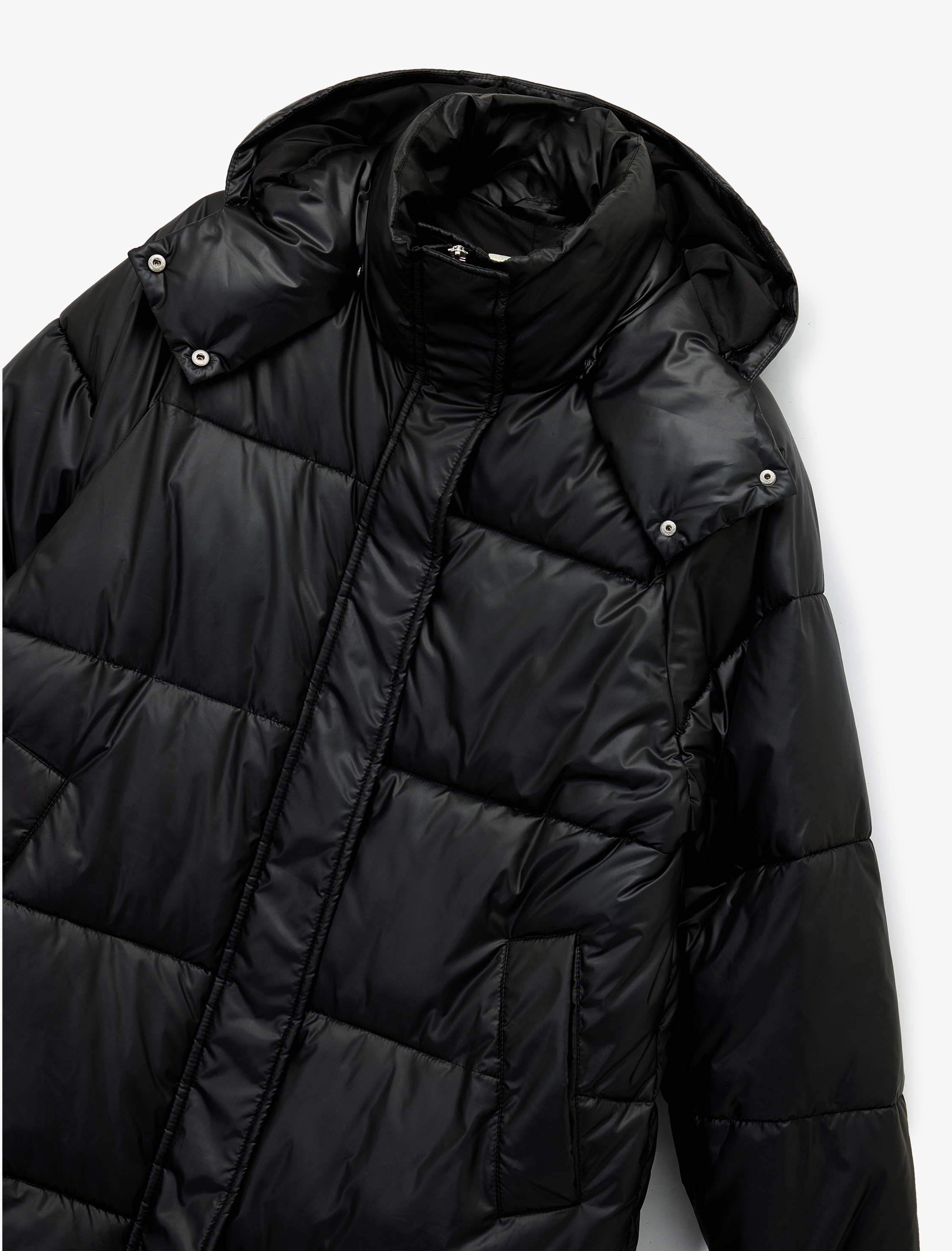   Fermuarlı Çıkarılabilir Kapüşonlu Uzun Kollu Oversize Uzun Şişme Mont