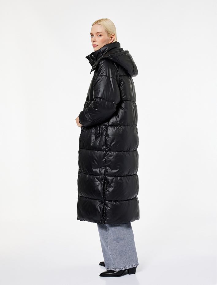  Fermuarlı Çıkarılabilir Kapüşonlu Uzun Kollu Oversize Uzun Şişme Mont