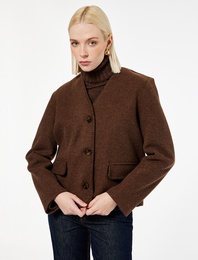 Çoban Dikişi Detaylı Düğmeli Uzun Kollu Cepli Kaşe Ceket
