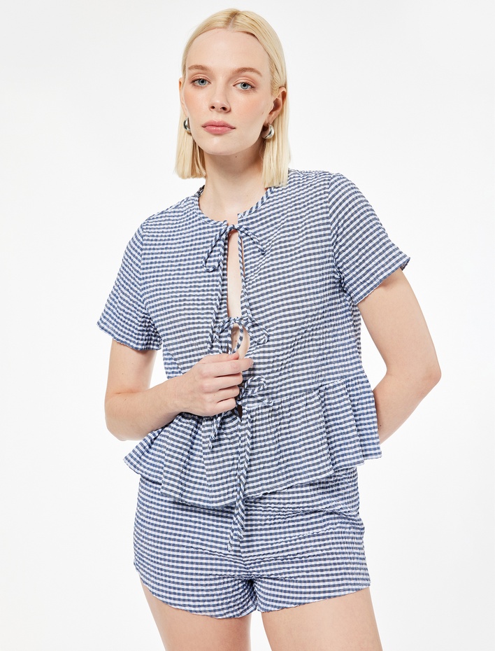  Bağlama Detaylı Rahat Kalıp Kısa Kollu Pijama Üstü