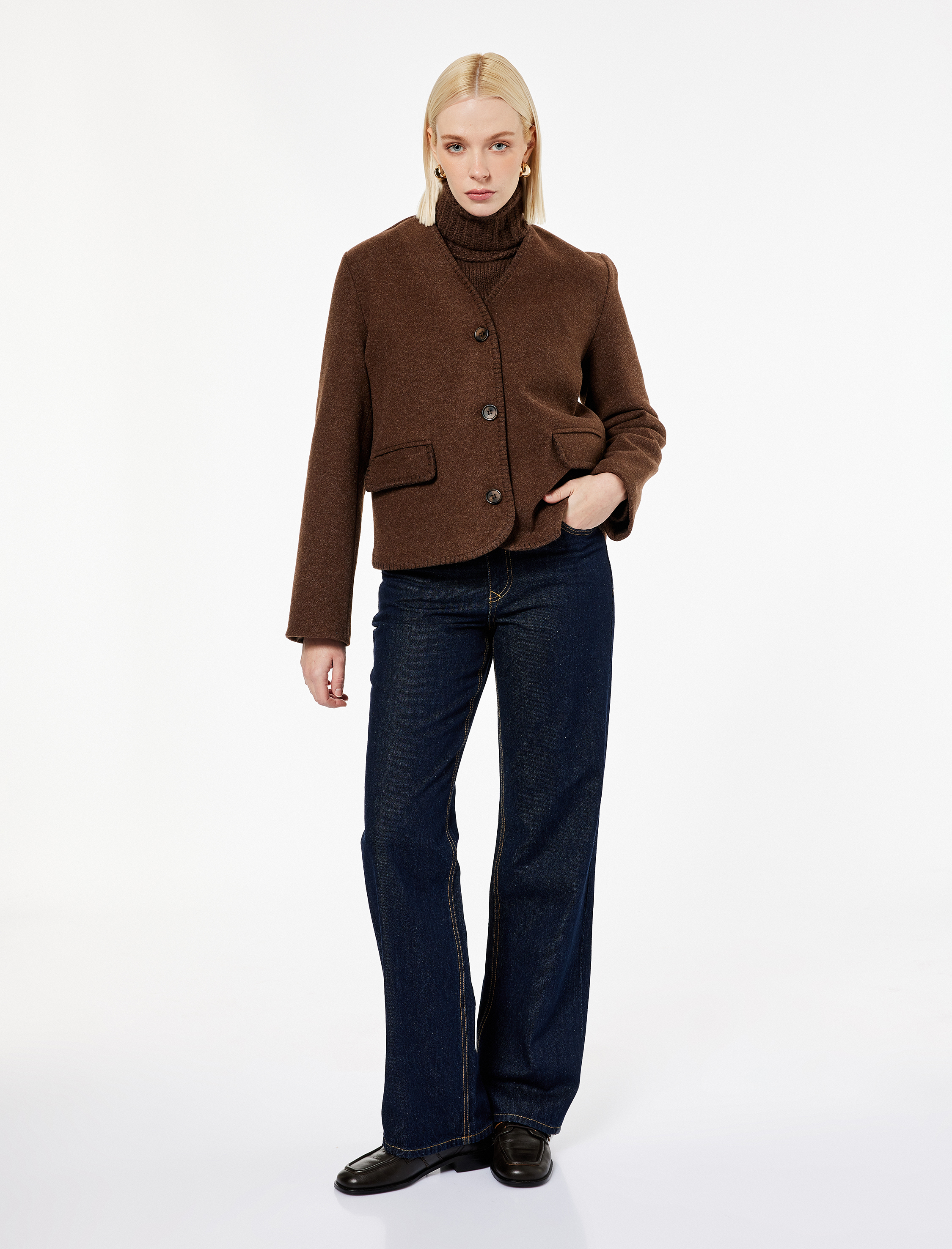   Çoban Dikişi Detaylı Düğmeli Uzun Kollu Cepli Kaşe Ceket