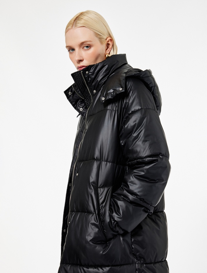  Fermuarlı Çıkarılabilir Kapüşonlu Uzun Kollu Oversize Uzun Şişme Mont