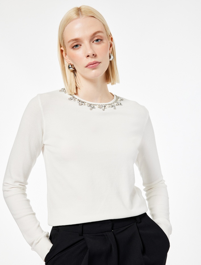  Uzun Kollu Bisiklet Yaka Taşlı Triko Kazak