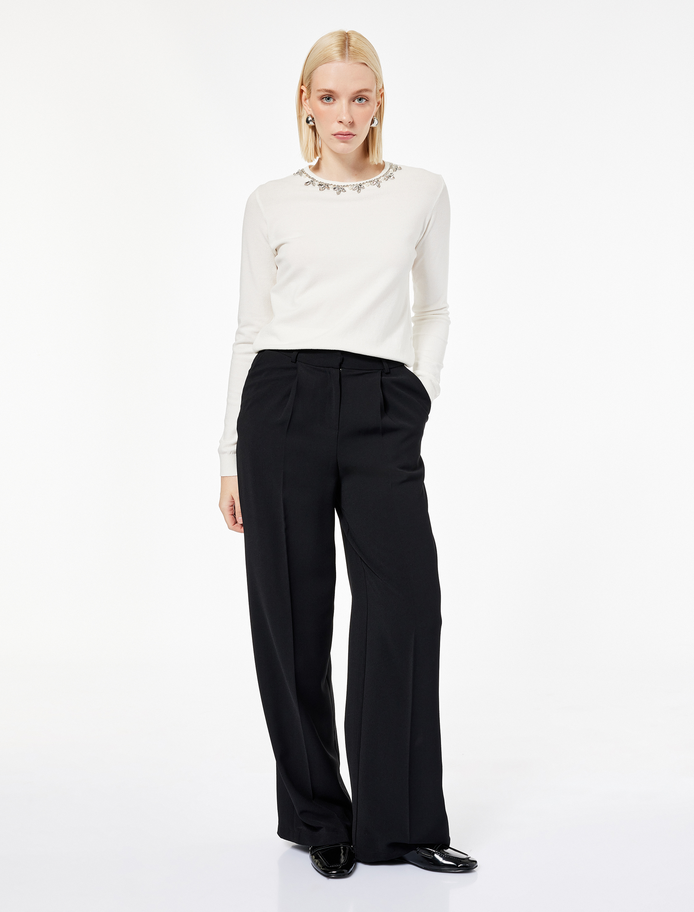   Uzun Kollu Bisiklet Yaka Taşlı Triko Kazak