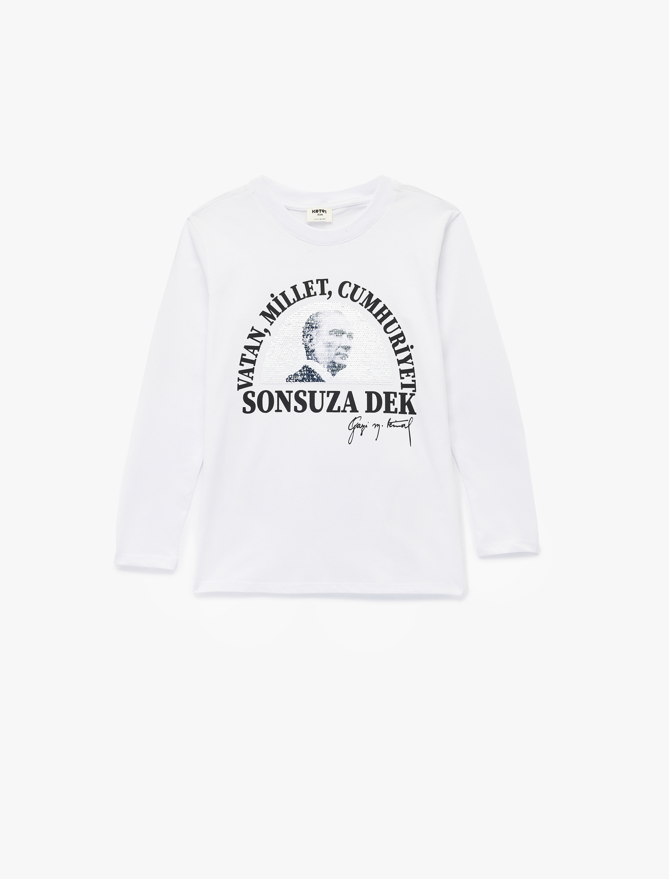  Erkek Çocuk Pullu Payetli Uzun Kollu Bisiklet Yaka Atatürk Baskılı Pamuklu Tişört