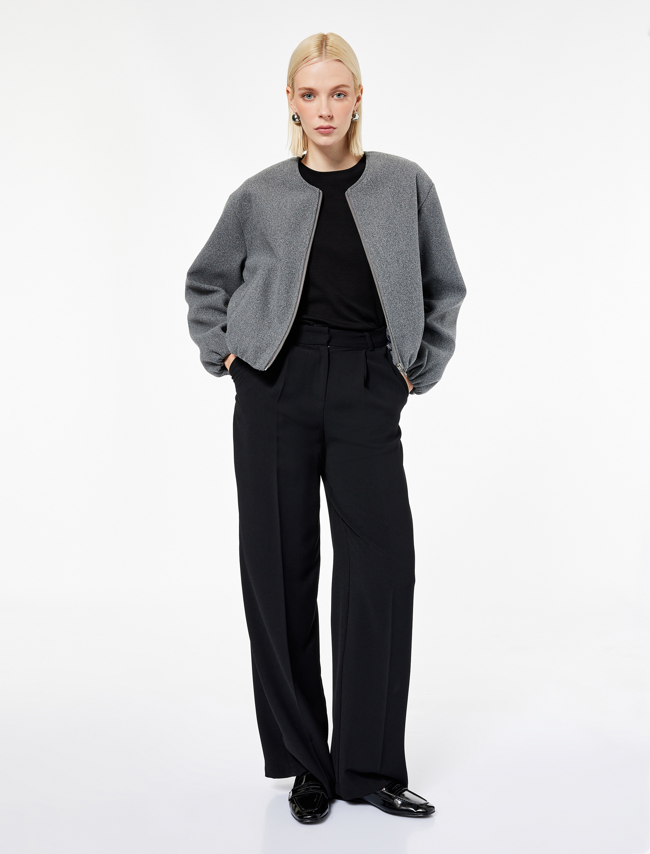   Uzun Kollu Cepli Yuvarlak Yaka Fermuarlı Crop Bomber Kaşe Ceket