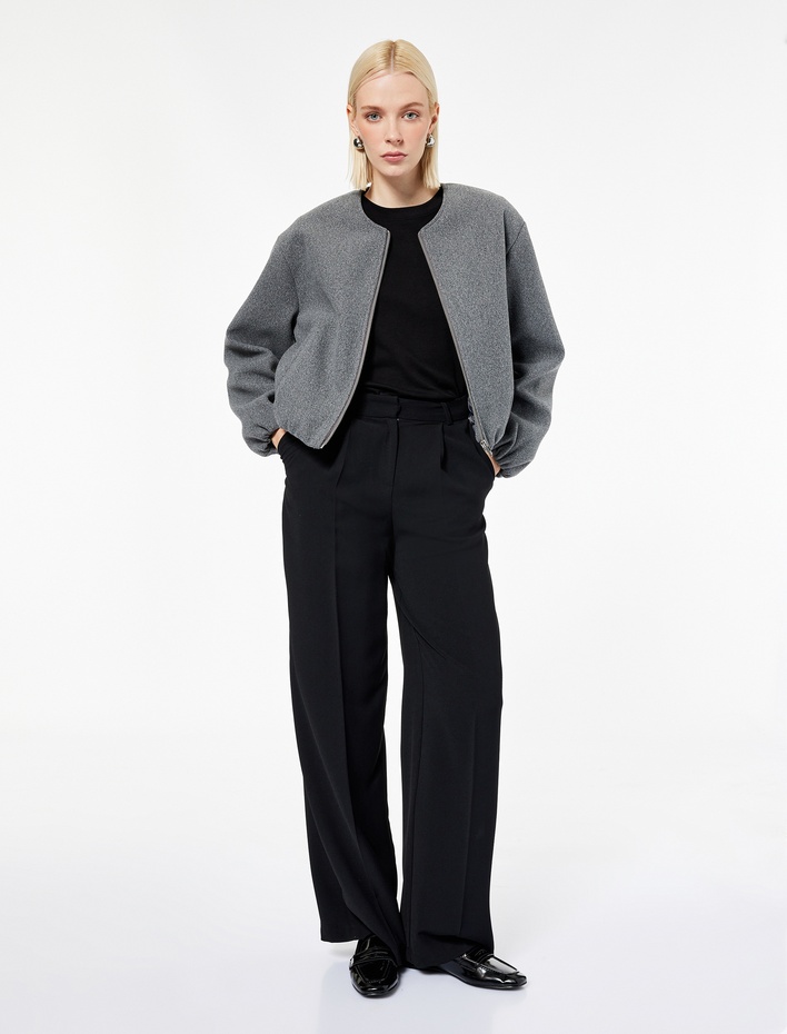  Uzun Kollu Cepli Yuvarlak Yaka Fermuarlı Crop Bomber Kaşe Ceket