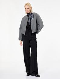 Uzun Kollu Cepli Yuvarlak Yaka Fermuarlı Crop Bomber Kaşe Ceket