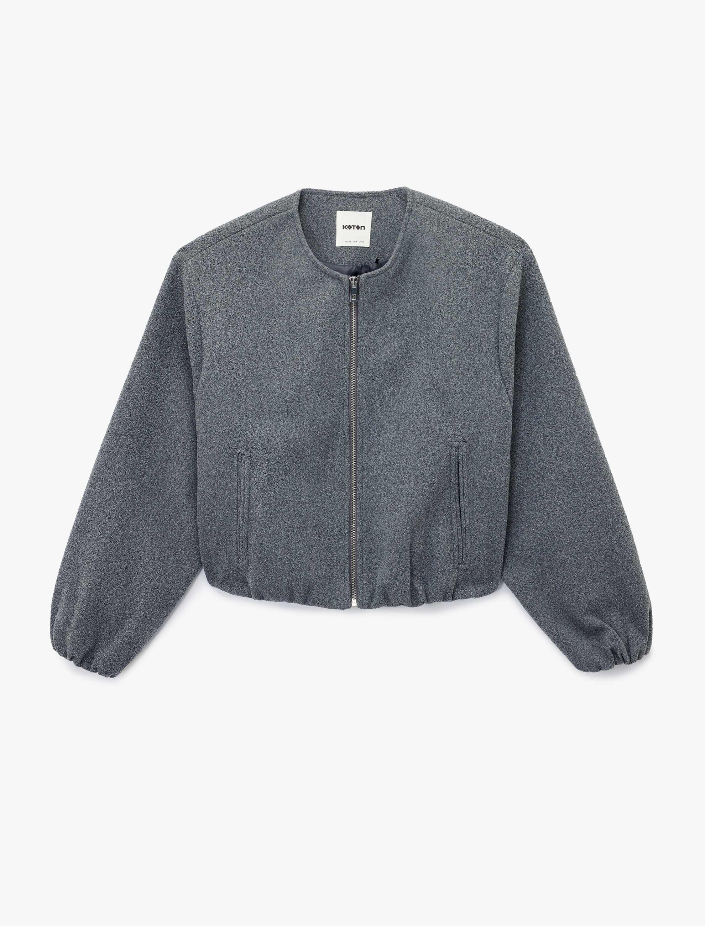   Uzun Kollu Cepli Yuvarlak Yaka Fermuarlı Crop Bomber Kaşe Ceket