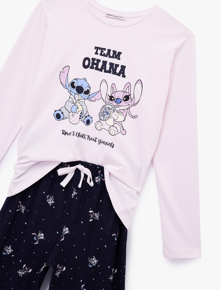   Pamuklu Bisiklet Yaka Uzun Kollu Pijama Takımı