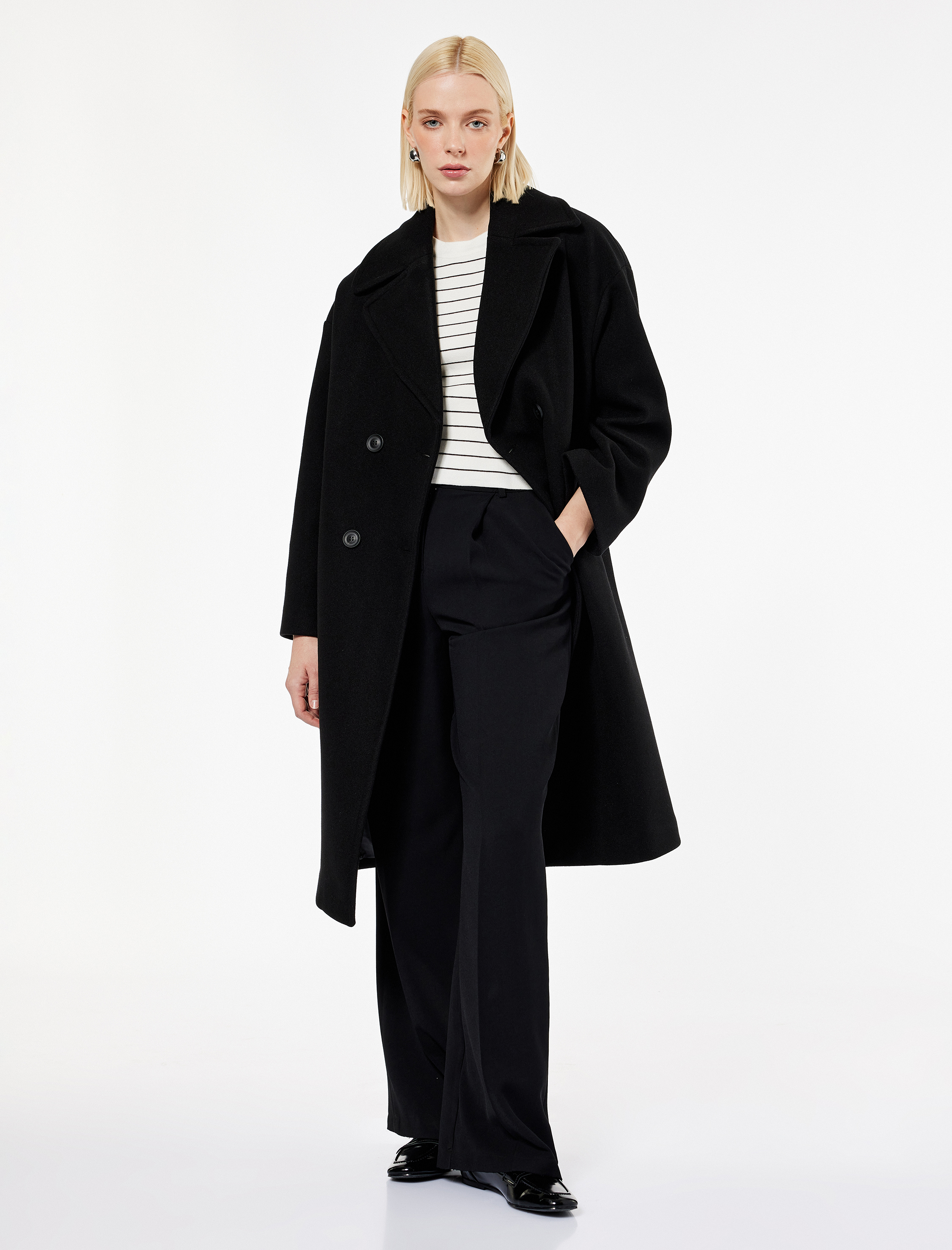   Cepli Uzun Kollu Düğmeli Kruvaze Uzun Kaşe Kaban