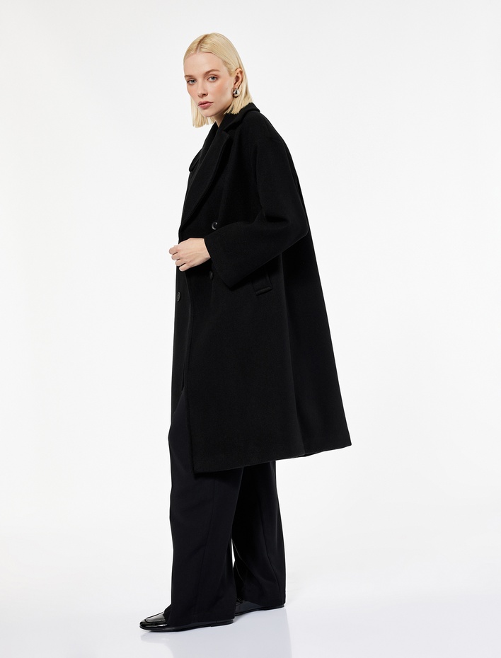  Cepli Uzun Kollu Düğmeli Kruvaze Uzun Kaşe Kaban