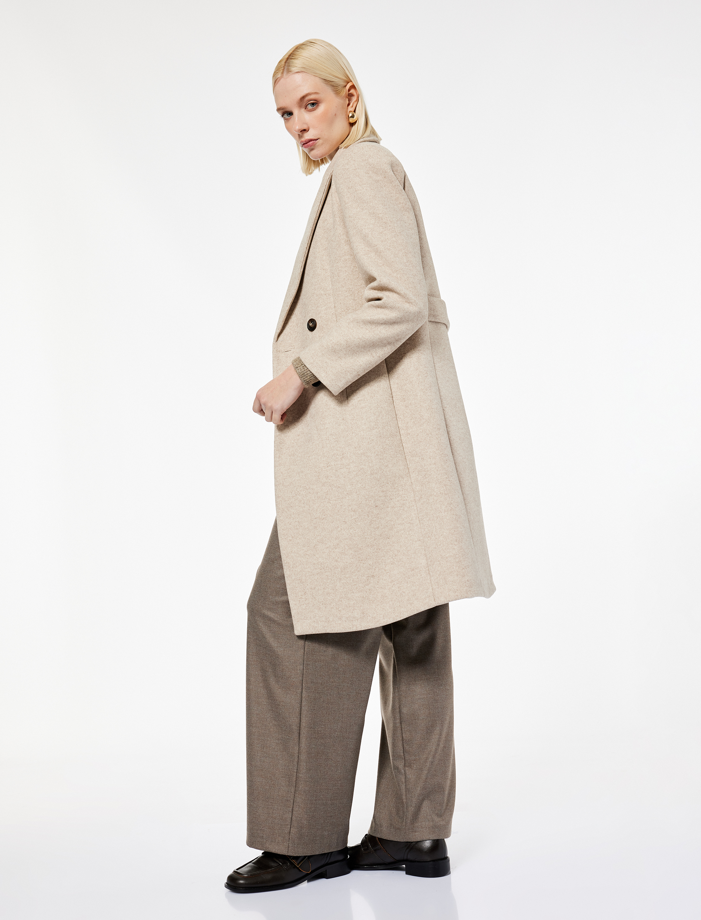   Cepli Uzun Kollu Kruvaze Düğmeli Kaşe Kaban