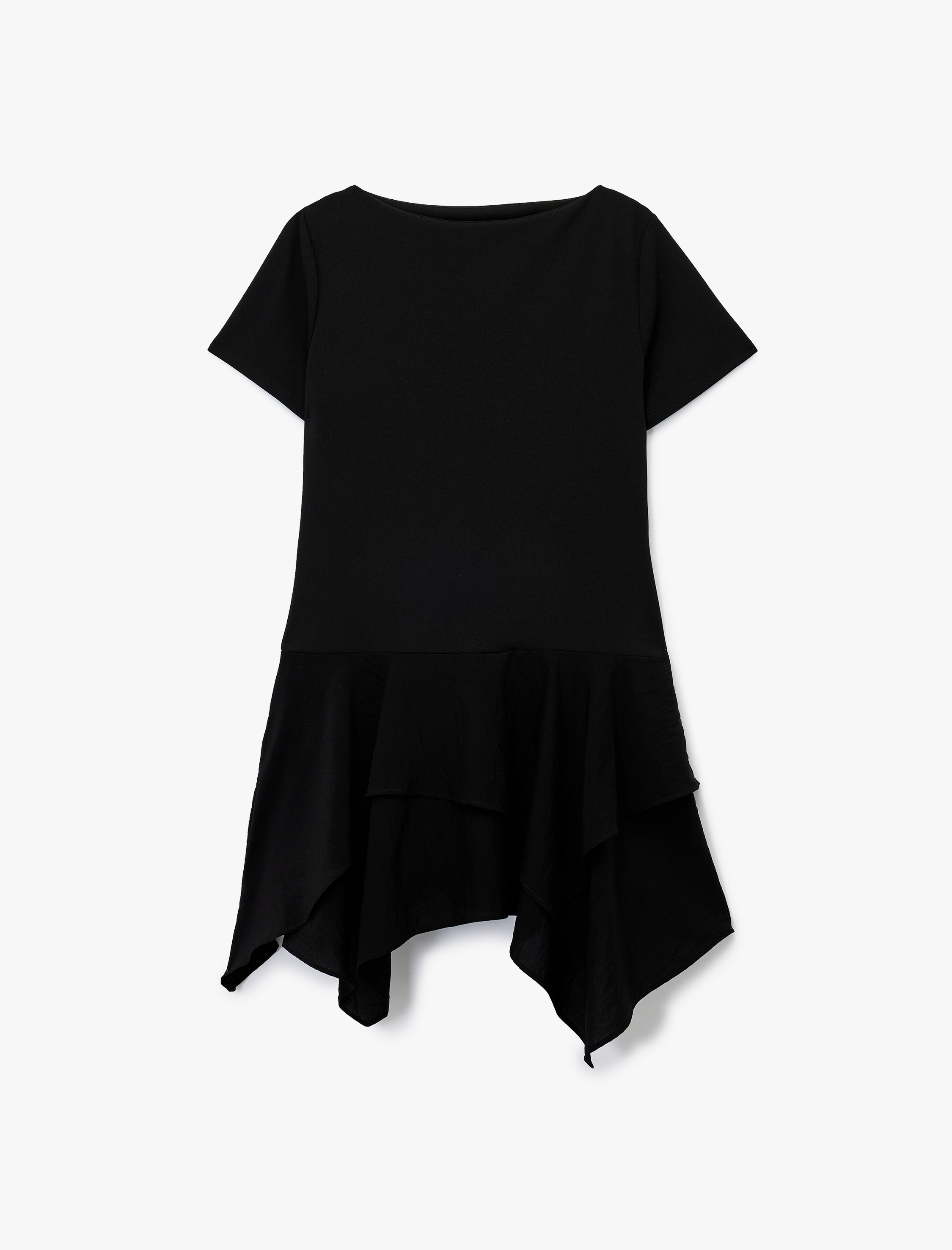  Kayık Yuvarlak Yaka Kısa Kollu Asimetrik Kesim Mini Tişört Elbise