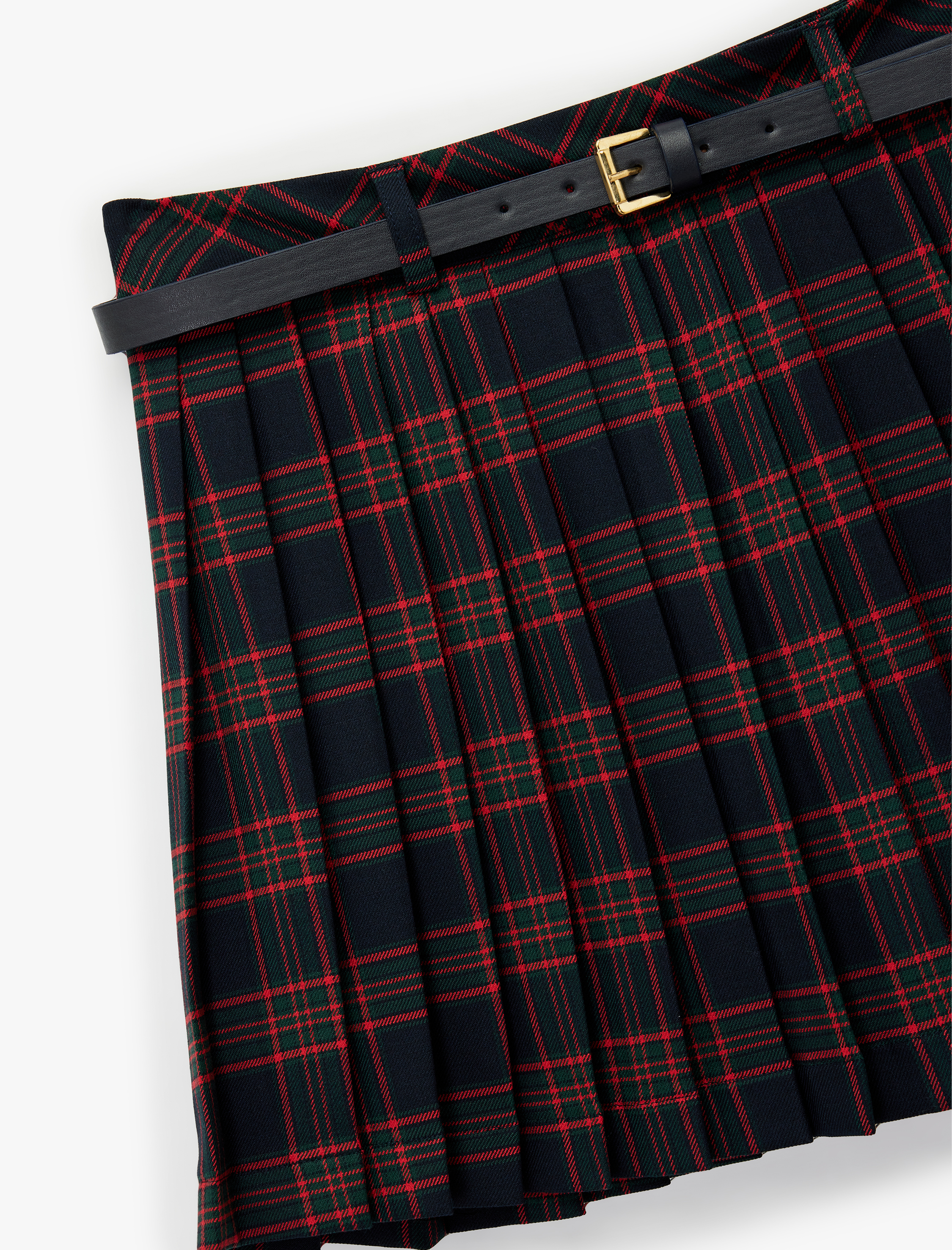   Yüksek Bel Kemer Detaylı A Kesim Pileli Mini Ekoseli Etek