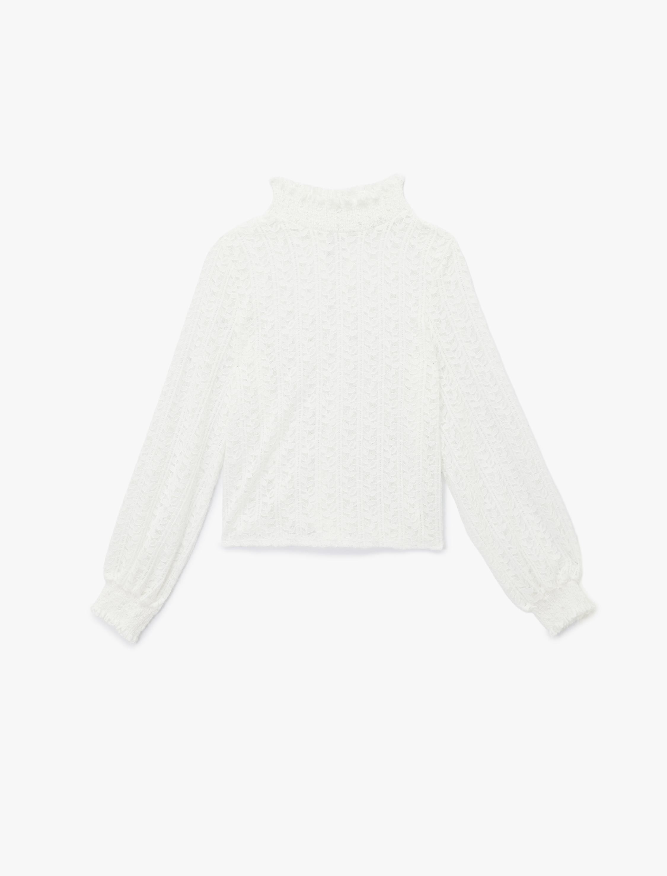   Yarı Transparan Uzun Kollu Fırfırlı Dik Yaka Dantelli Bluz