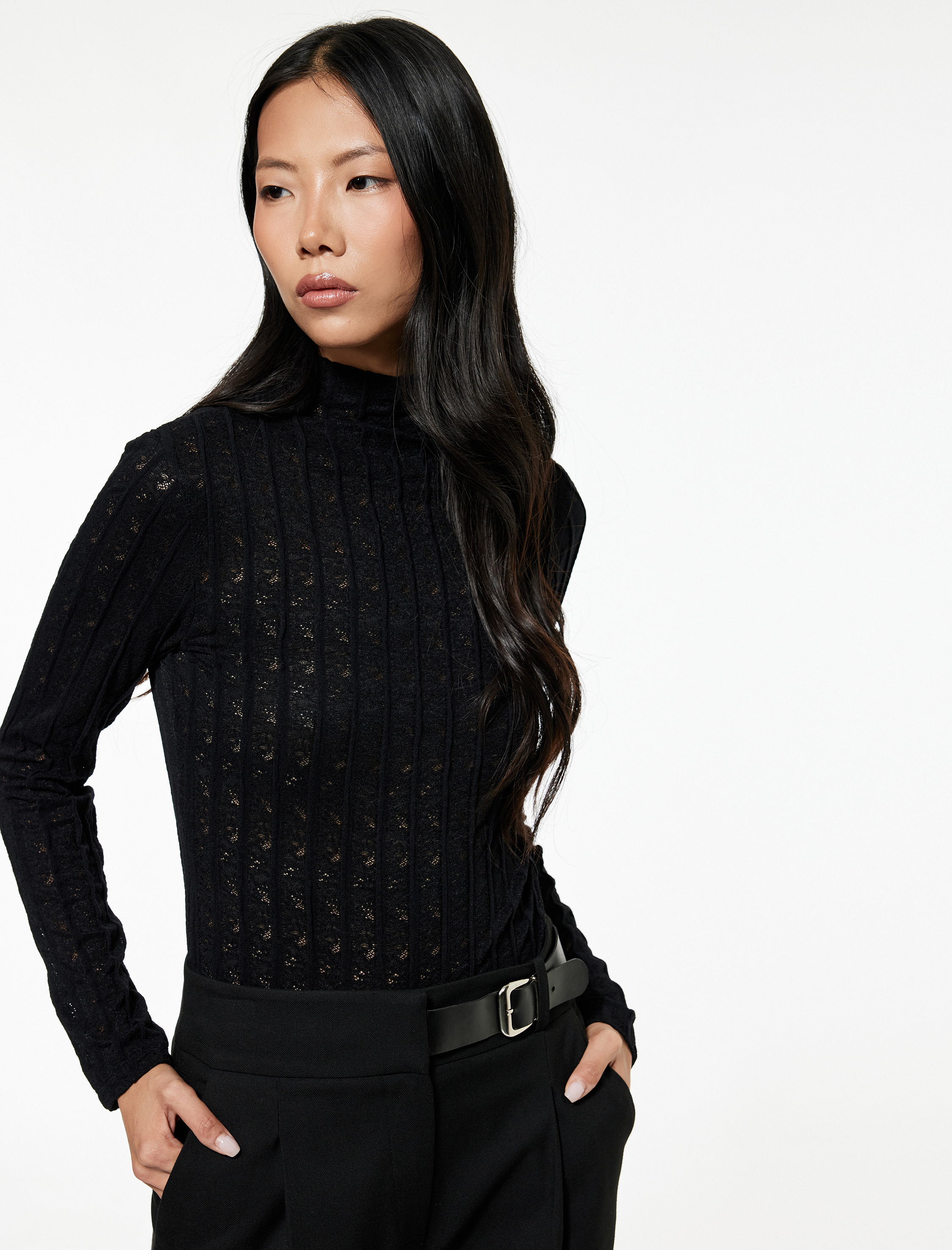   Koton X Sibil Çetinkaya - Slim Fit Uzun Kollu Yarı Transparan Dik Yaka Dantel Bluz