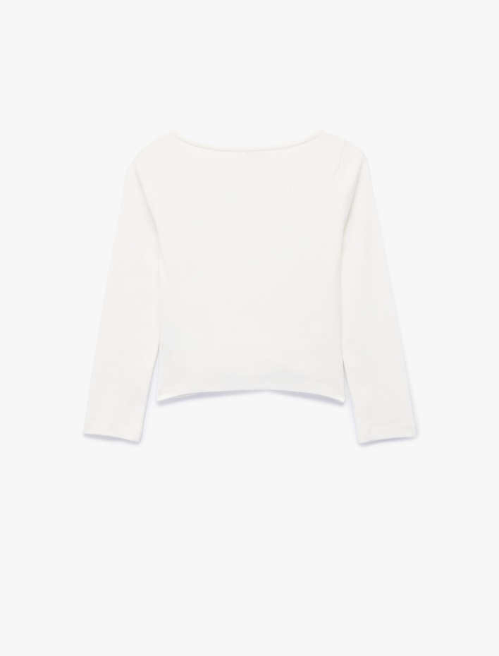 Kız Çocuk Büzgülü Kayık Yaka Uzun Kollu Pamuklu Tişört