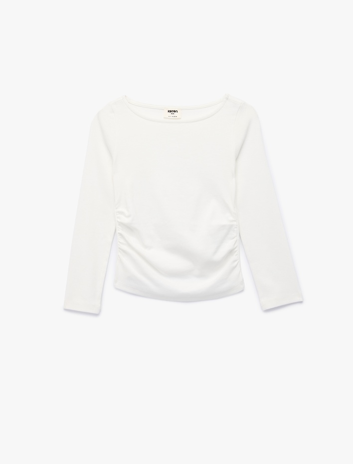 Kız Çocuk Büzgülü Kayık Yaka Uzun Kollu Pamuklu Tişört