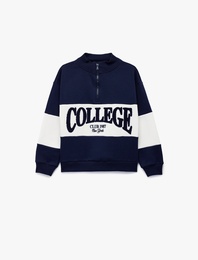 Uzun Kollu Yarım Fermuarlı Dik Yaka Nakışlı Oversize Sweatshirt