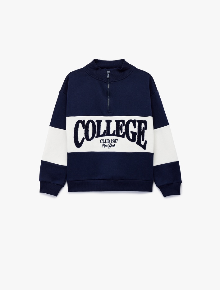 Kız Çocuk Uzun Kollu Yarım Fermuarlı Dik Yaka Nakışlı Oversize Sweatshirt