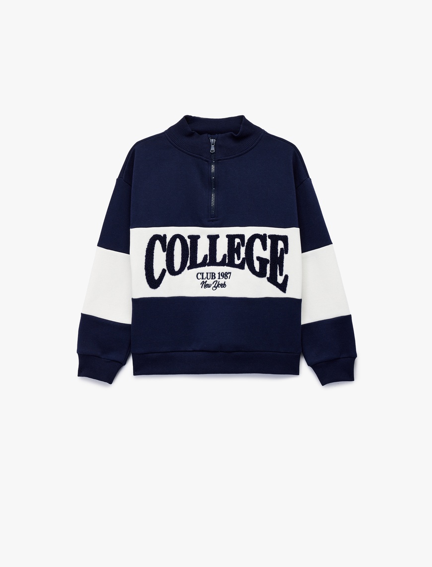  Kız Çocuk Uzun Kollu Yarım Fermuarlı Dik Yaka Nakışlı Oversize Sweatshirt