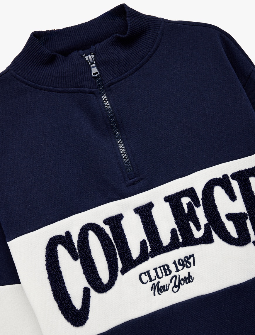  Kız Çocuk Uzun Kollu Yarım Fermuarlı Dik Yaka Nakışlı Oversize Sweatshirt