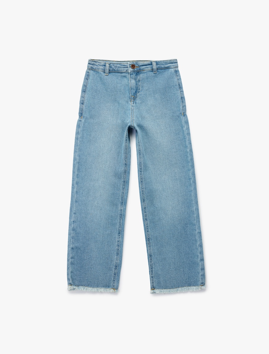 Kız Çocuk Pamuklu Cepli Yüksek Bel Denim Pantolon