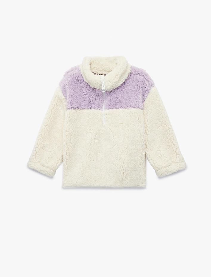 Kız Bebek Uzun Kollu Yarım Fermuarlı Dik Yaka Peluş Sweatshirt