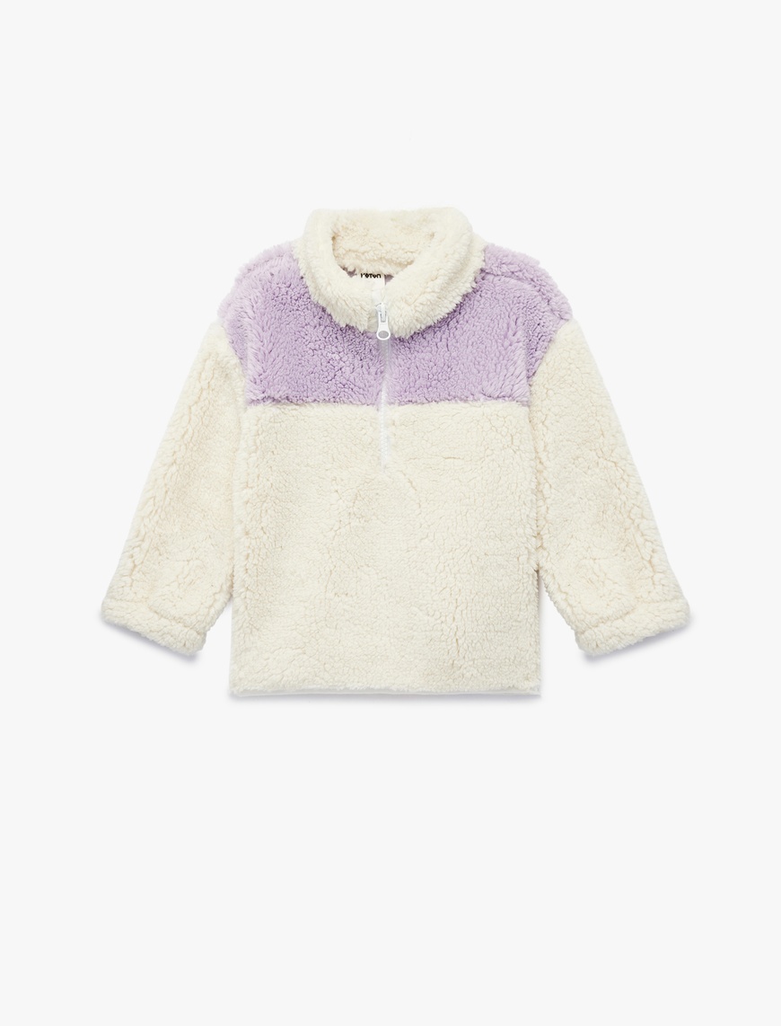  Kız Bebek Uzun Kollu Yarım Fermuarlı Dik Yaka Peluş Sweatshirt