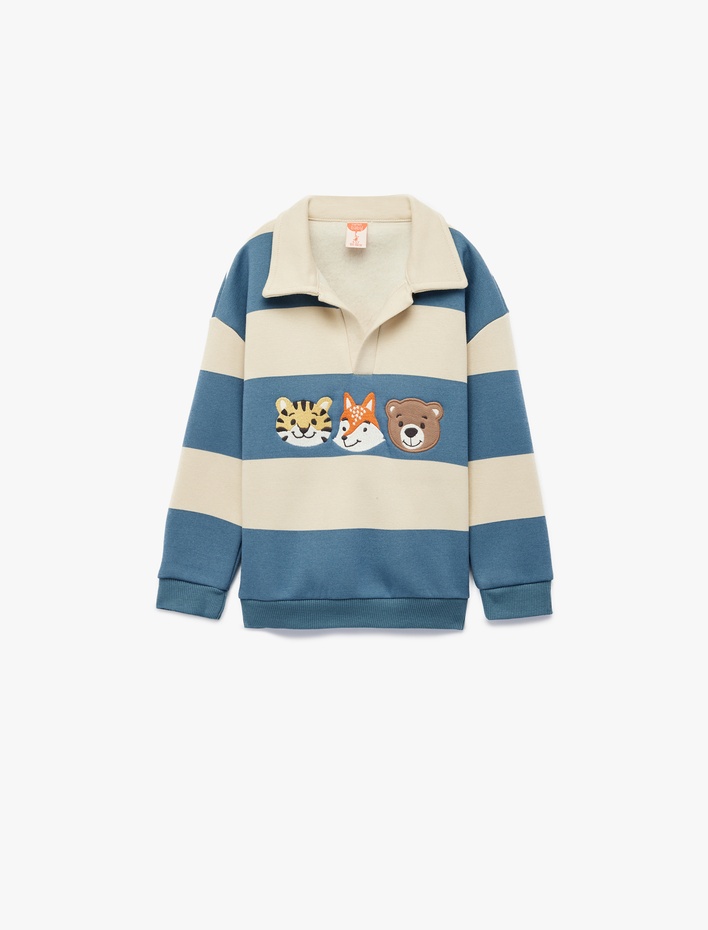Erkek Bebek Uzun Kollu Hayvanlar Baskılı Polo Yaka Sweatshirt