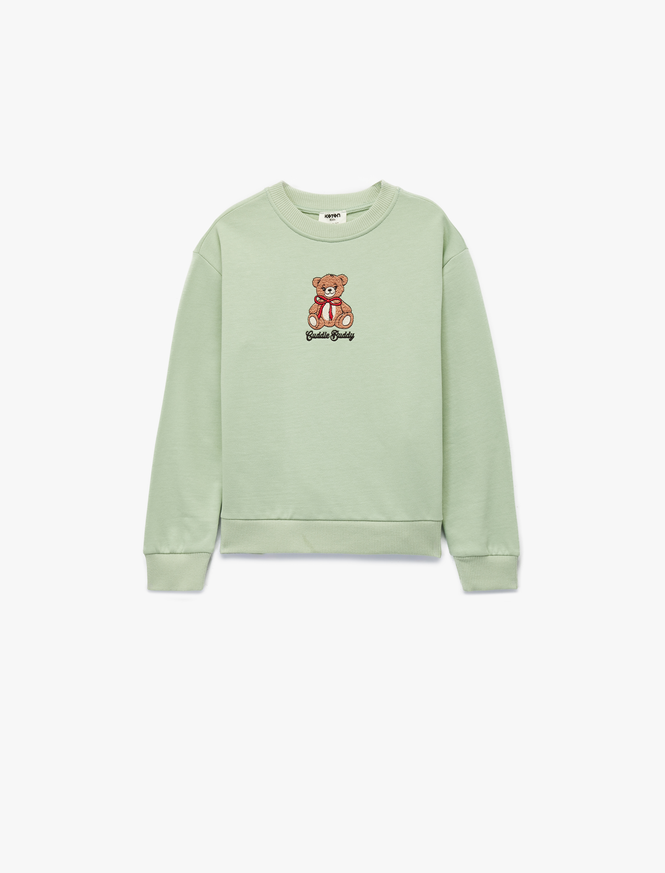  Kız Çocuk Uzun Kollu Bisiklet Yaka Ayıcık Nakışlı Pamuklu Sweatshirt