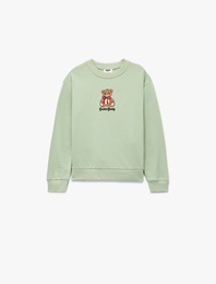 Uzun Kollu Bisiklet Yaka Ayıcık Nakışlı Pamuklu Sweatshirt