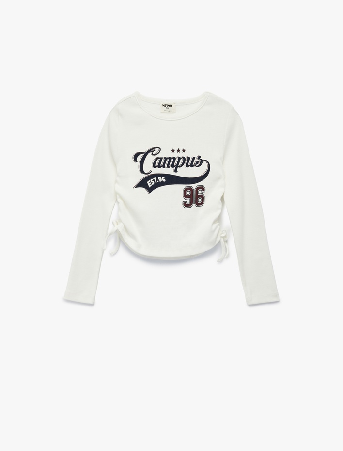 Kız Çocuk Pamuklu Uzun Kollu Büzgü Detaylı Bisiklet Yaka Crop Tişört