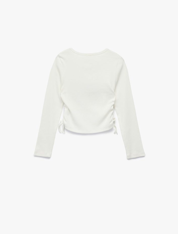 Kız Çocuk Pamuklu Uzun Kollu Büzgü Detaylı Bisiklet Yaka Crop Tişört