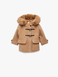 Uzun Kollu Yün Karışımlı Kapaklı Cepli Kapşonlu Kaban