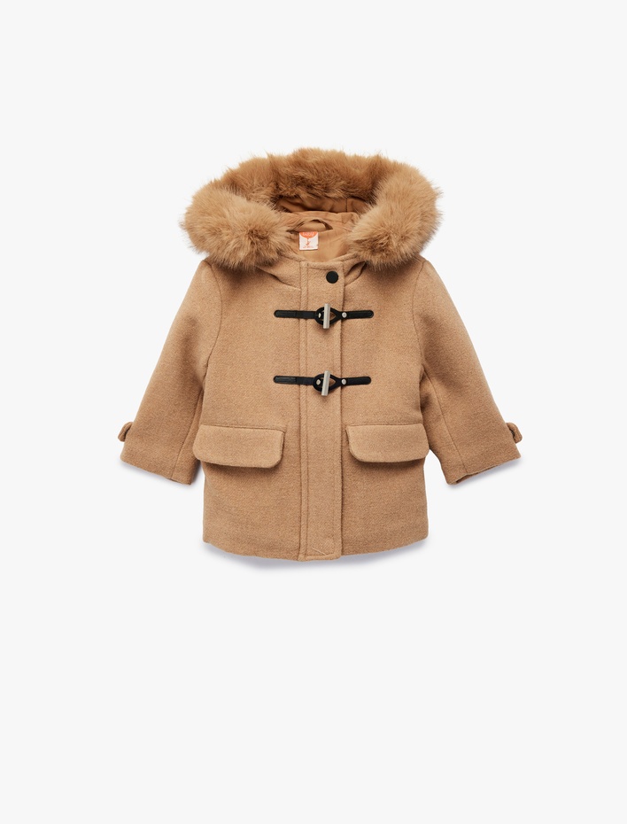 Kız Bebek Uzun Kollu Yün Karışımlı Kapaklı Cepli Kapşonlu Kaban