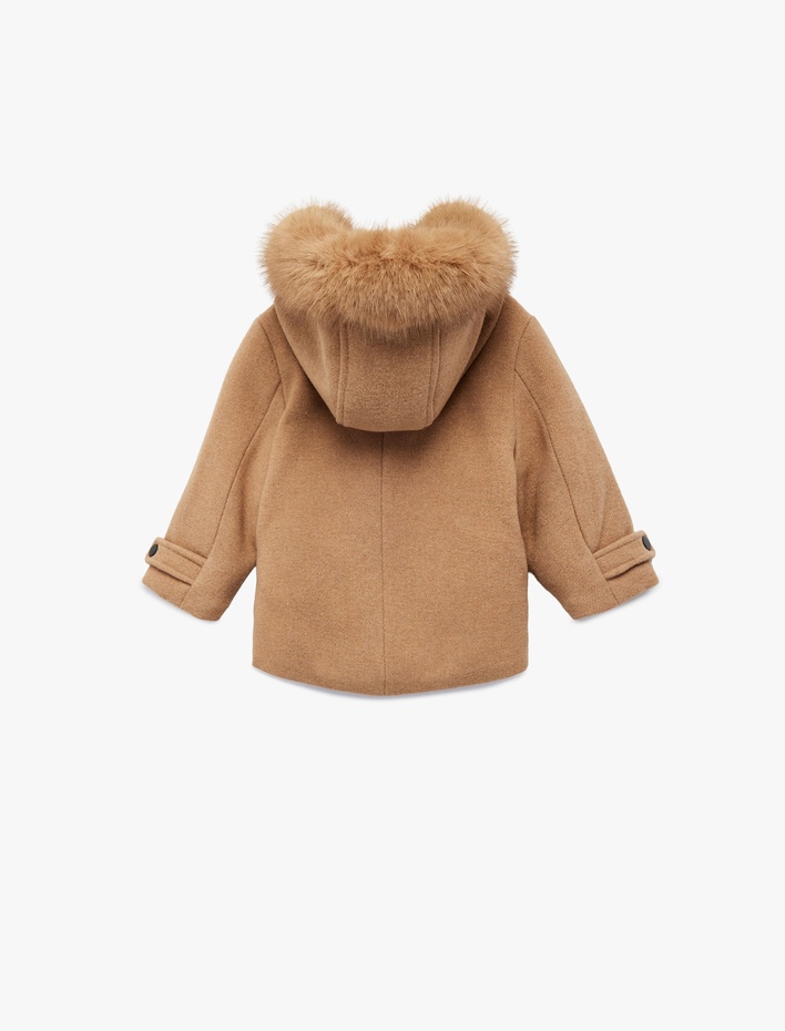 Kız Bebek Uzun Kollu Yün Karışımlı Kapaklı Cepli Kapşonlu Kaban