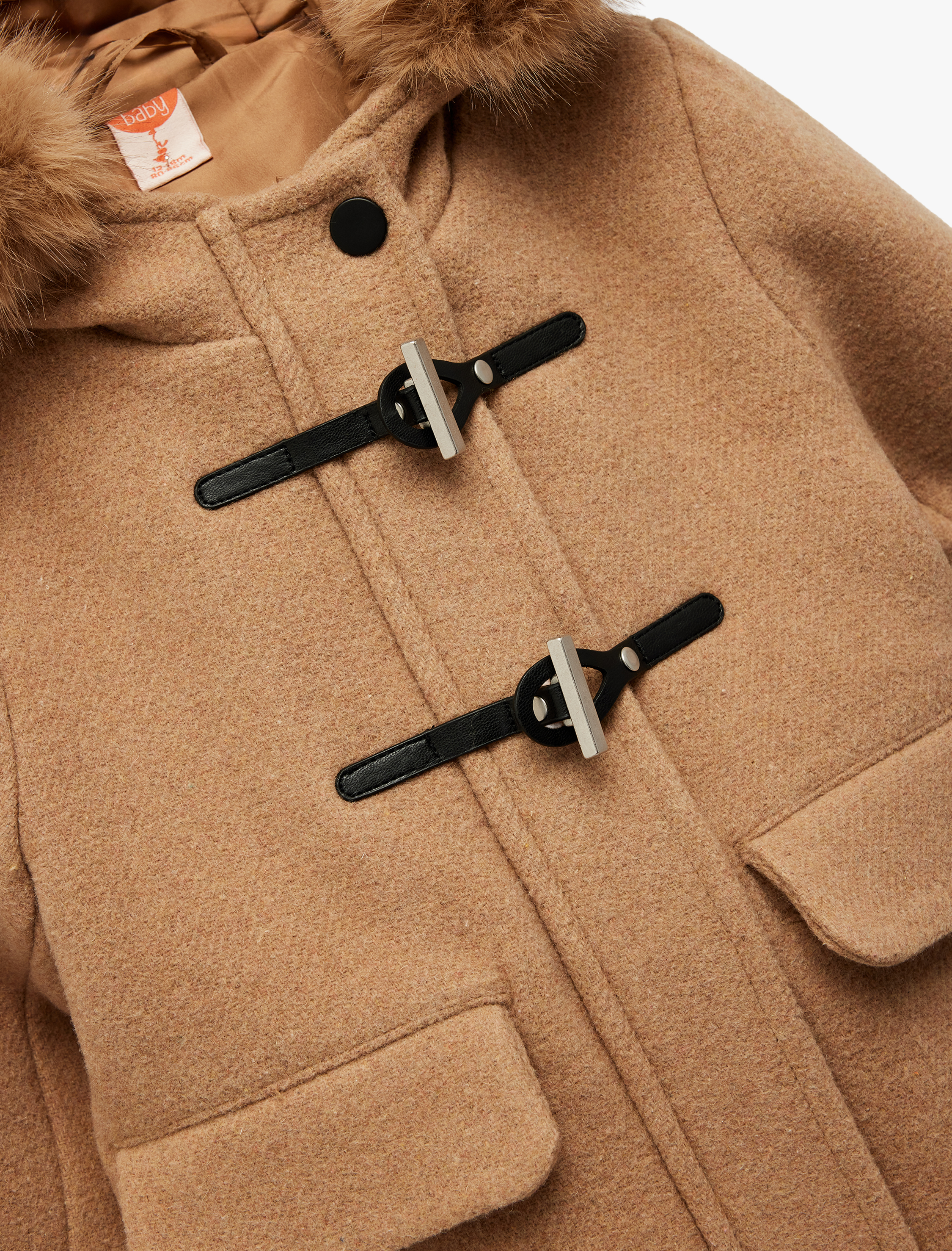  Kız Bebek Uzun Kollu Yün Karışımlı Kapaklı Cepli Kapşonlu Kaban