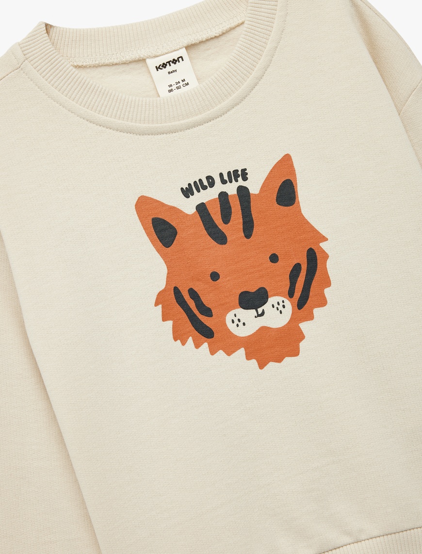  Erkek Bebek Pamuklu Uzun Kollu Bisiklet Yaka Kaplan Baskılı Sweatshirt