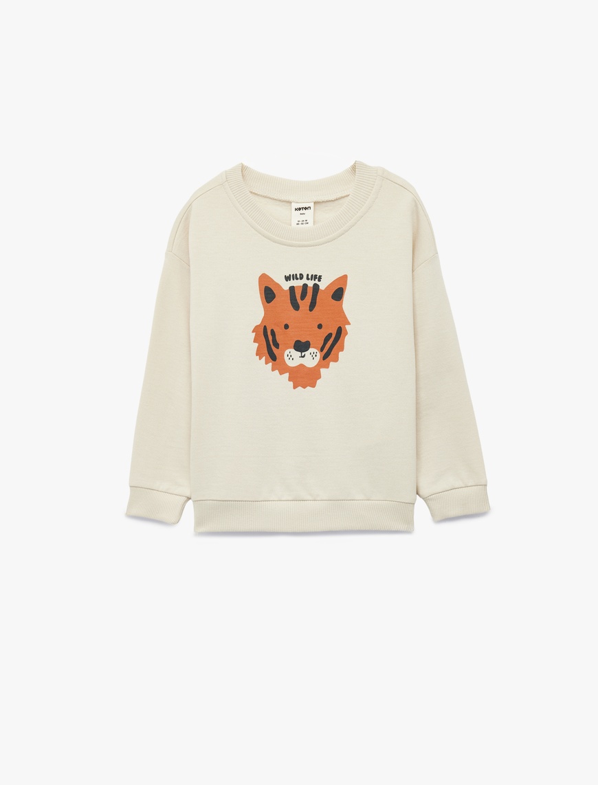  Erkek Bebek Pamuklu Uzun Kollu Bisiklet Yaka Kaplan Baskılı Sweatshirt