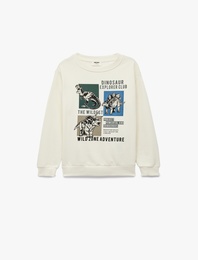 Dinozor Baskılı Uzun Kollu Bisiklet Yaka Pamuklu Şardonlu Sweatshirt