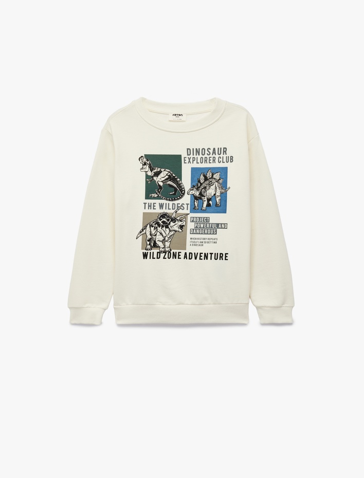 Erkek Çocuk Dinozor Baskılı Uzun Kollu Bisiklet Yaka Pamuklu Şardonlu Sweatshirt