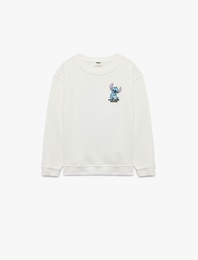 Lisanslı Stitch Baskılı Uzun Kollu Bisiklet Yaka Sweatshirt