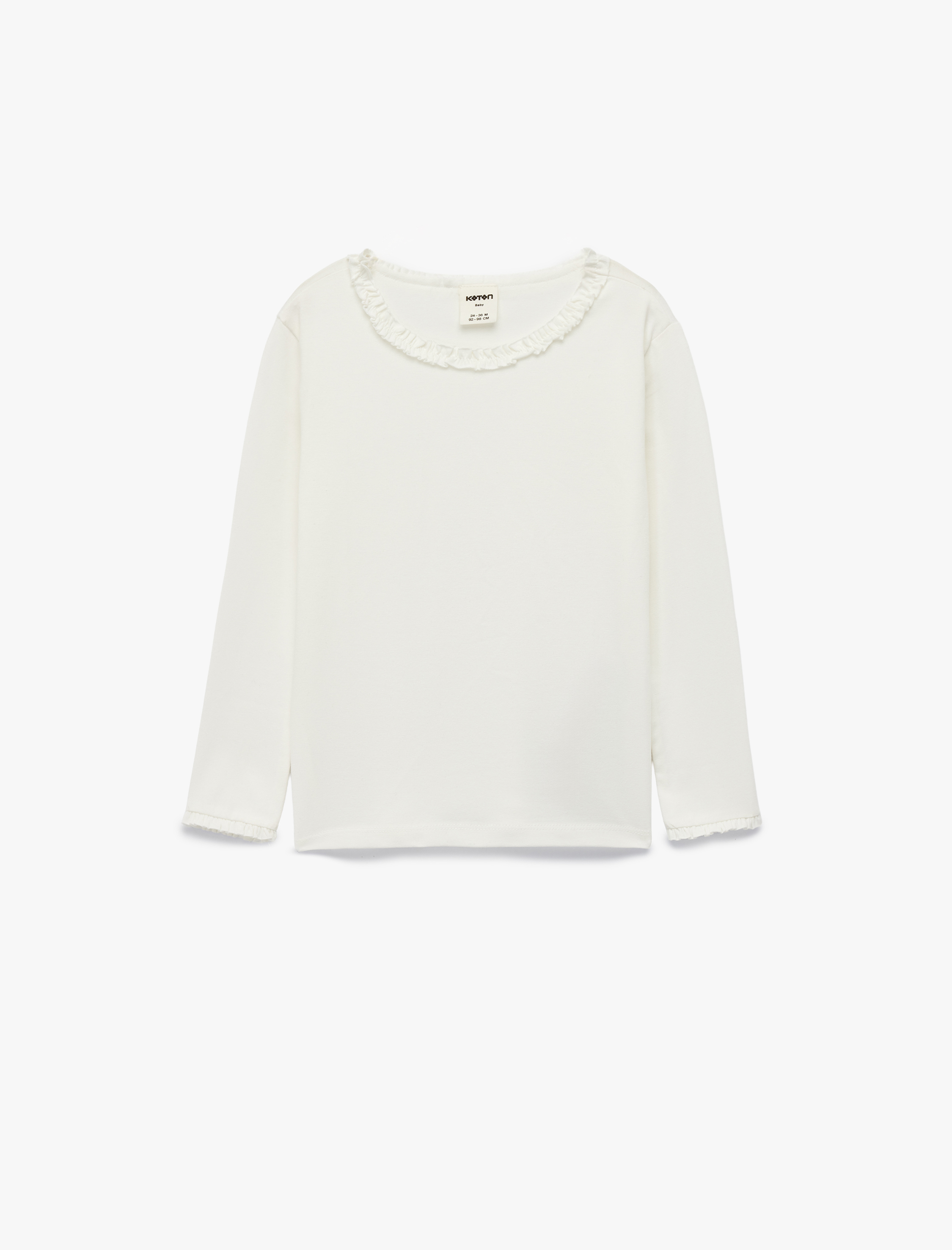 Kız Bebek Fırfırlı Uzun Kollu Bisiklet Yaka Pamuklu Basic Tişört