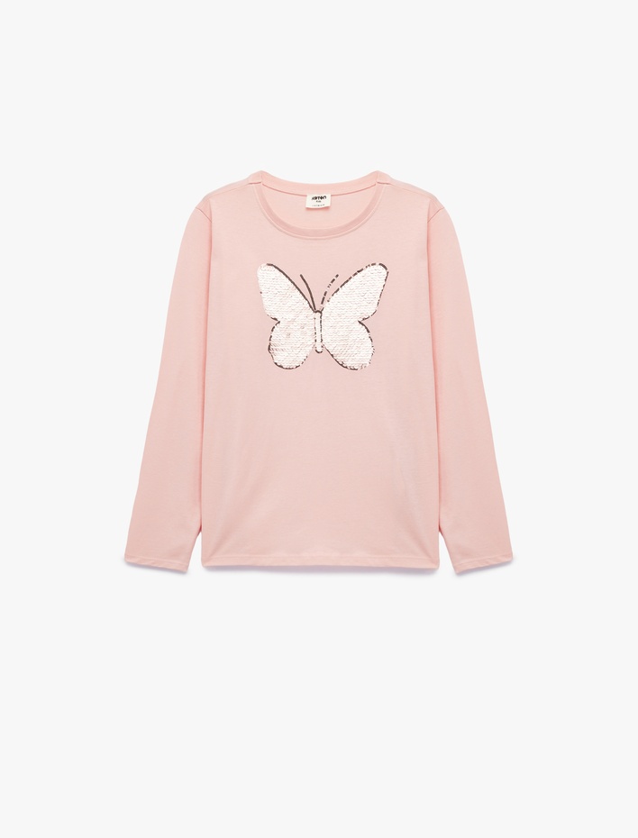 Kız Çocuk Pullu Payetli Uzun Kollu Bisiklet Yaka Pamuklu Tişört