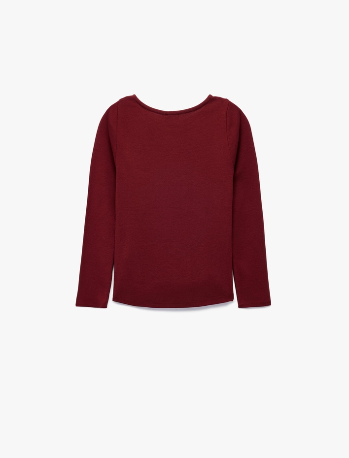 Kız Çocuk Büzgülü Kayık Yaka Uzun Kollu Pamuklu Tişört