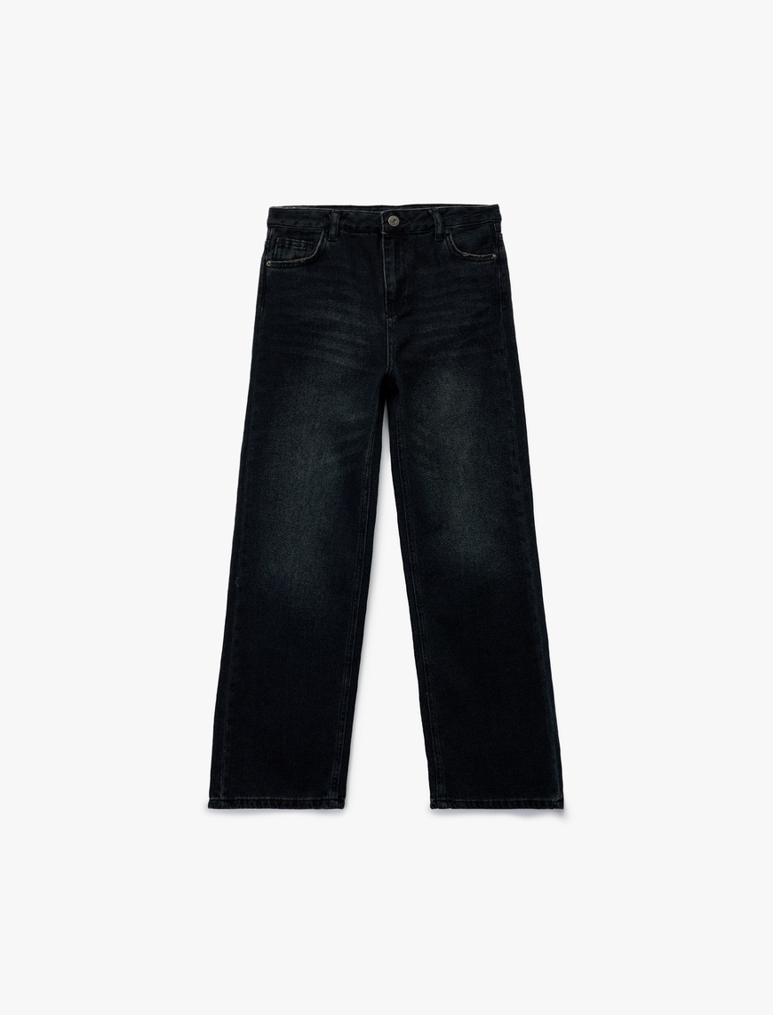  Kız Çocuk Pamuklu Cep Detaylı Bol Paça Denim Pantolon