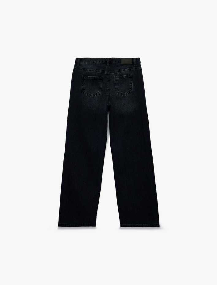 Kız Çocuk Pamuklu Cep Detaylı Bol Paça Denim Pantolon